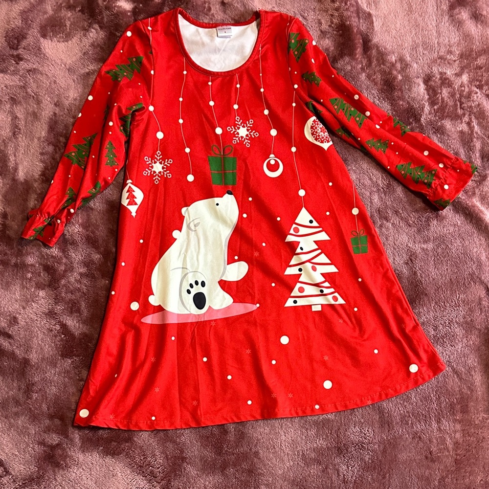 Festive Red Kids Dress with Polar Bear Design